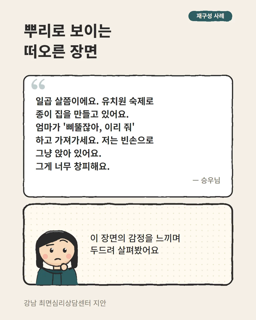 지적에 욱하는 각색 사례에서 어린 시절 종이 집 장면을 두드려 살핀 최면상담 카드