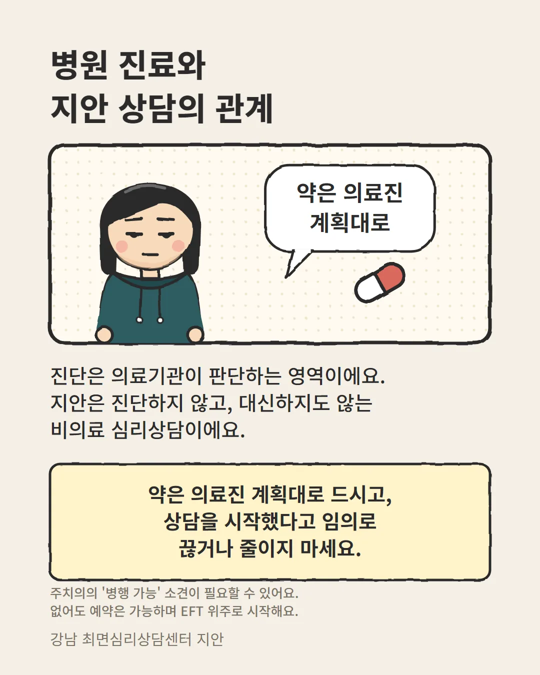 게임중독 고민에서 병원 진료와 지안 비의료 심리상담의 역할을 나눈 카드
