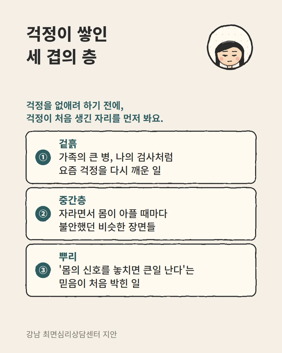 건강염려증 상담에서 보는 걱정의 세 겹, 요즘 걱정·자라며 겪은 장면·처음 박힌 믿음 카드